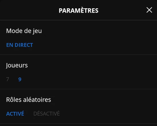 Écran Paramètres de Jeu